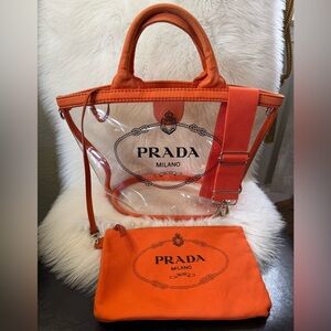 Authentic Preloved PRADA Logo Plexi Clear Crossbody Canapa Tote-Orange Canvas
